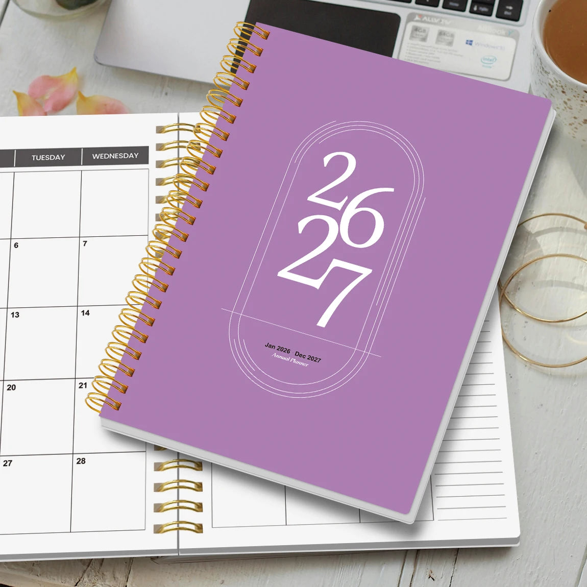 Agenda Planner A5 2026-2027 – Hebdomadaire & Mensuel, Spirale Dorée, 9 Coloris