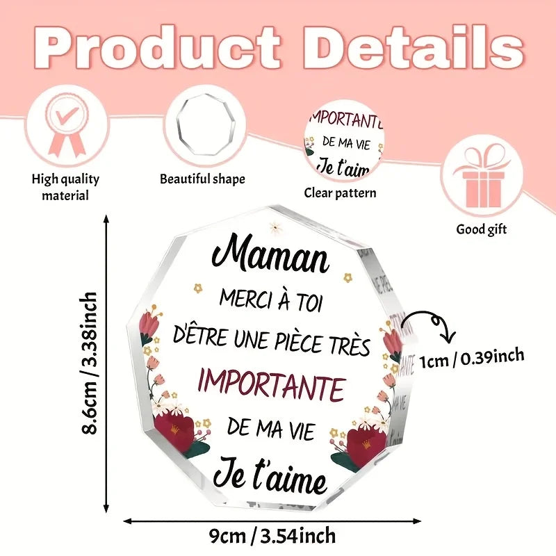 Plaque Acrylique Maman – Cadeau Fête des Mères, Message Gravé du Cœur