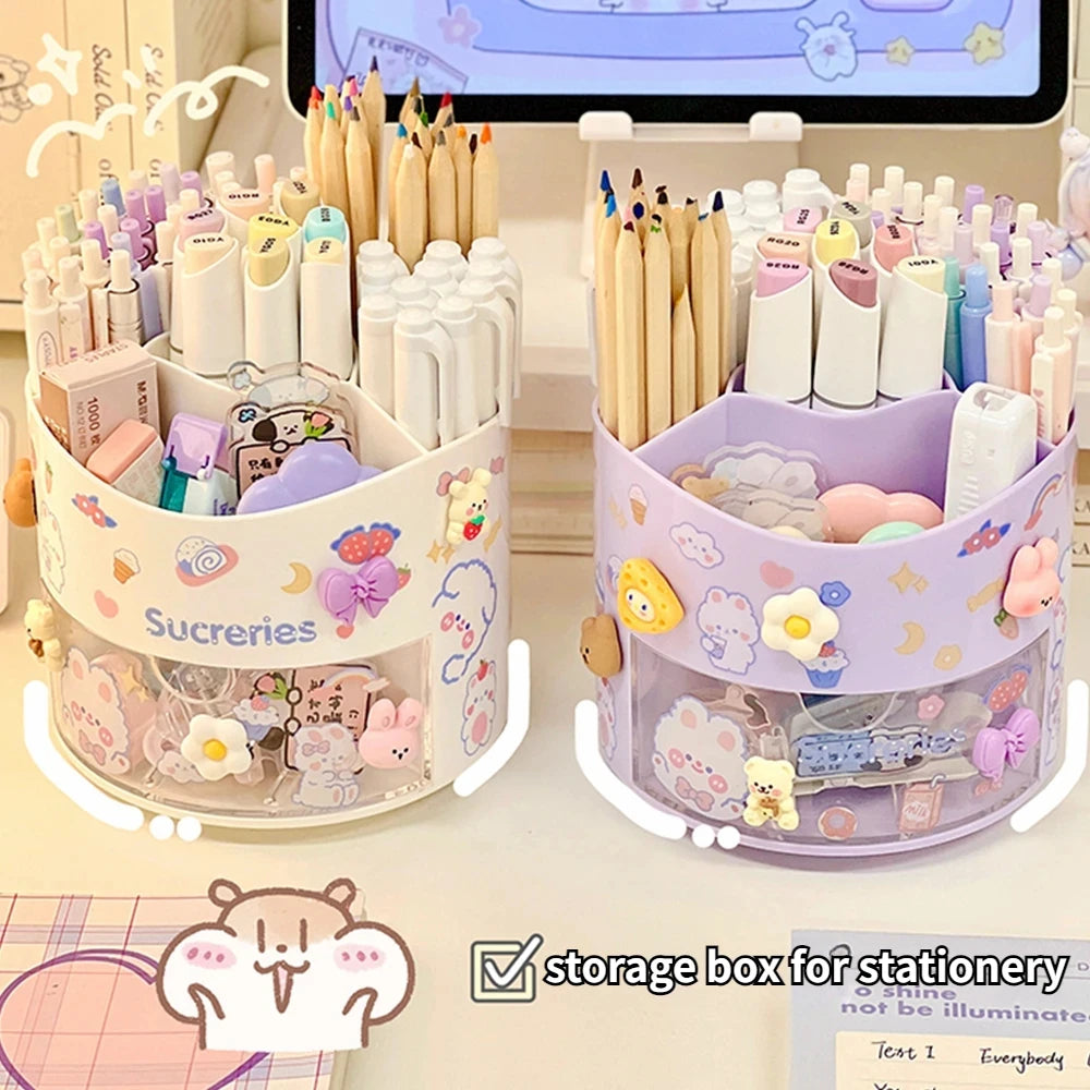 Porte-Stylos Rotatif avec Tiroir – Style Kawaii – Organiseur Bureau – 10 Coloris Pastel