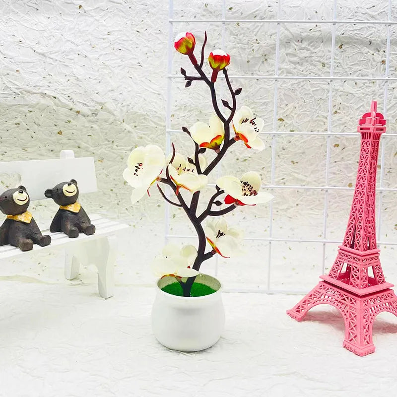 Bonsaï Artificiel Fleurs de Prunier – Plante Décorative en Pot 21x11 cm