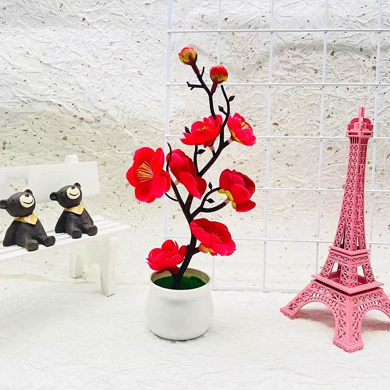 Bonsaï Artificiel Fleurs de Prunier – Plante Décorative en Pot 21x11 cm