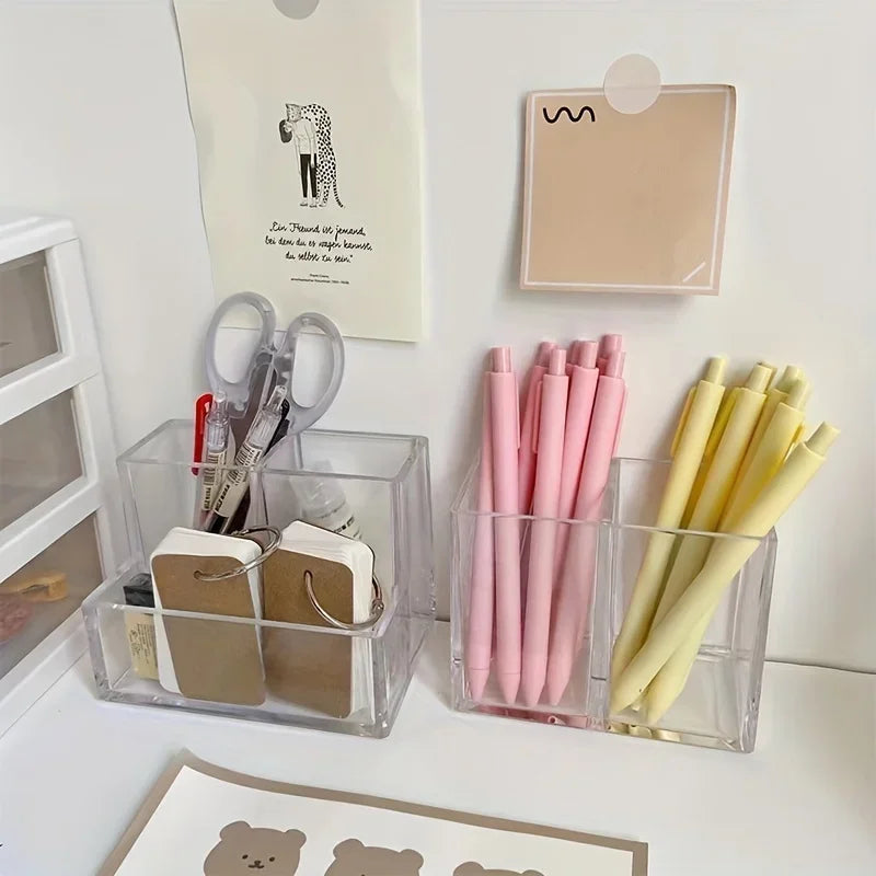 Porte-Stylo Acrylique Transparent 3 Compartiments – Organiseur Bureau Style Coréen