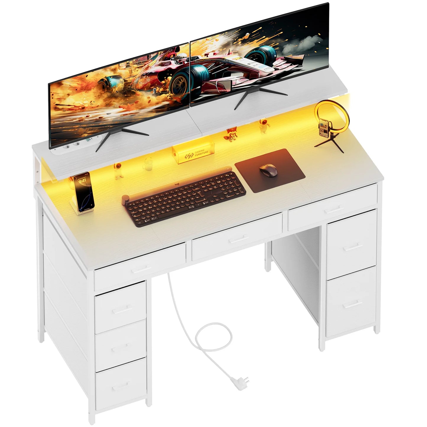Bureau d'Ordinateur FRODROVIA 120 cm – 8 Tiroirs, LED RGB, Support Écran Réglable, 2 Prises + 2 USB
