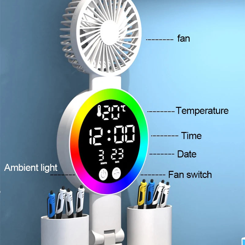 Lampe de Bureau LED avec Horloge & Ventilateur – Interrupteur Tactile, Filaire ou Rechargeable, 3 Modèles