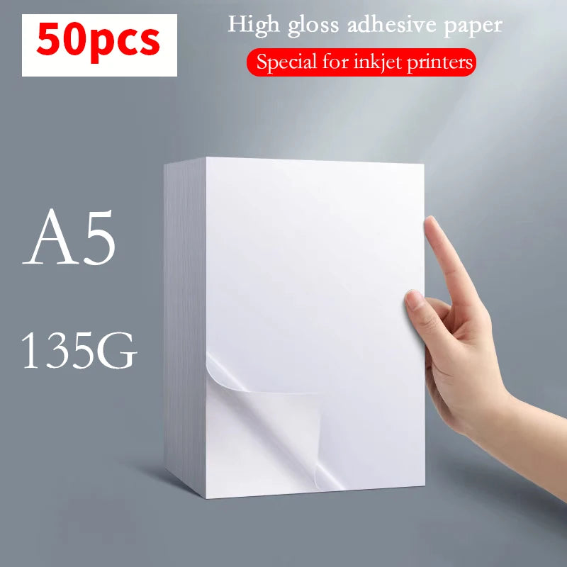 Papier Photo Autocollant Brillant – A4, A5 ou A6 – 135g ou 150g – Jet d’Encre – 20 à 100 Feuilles