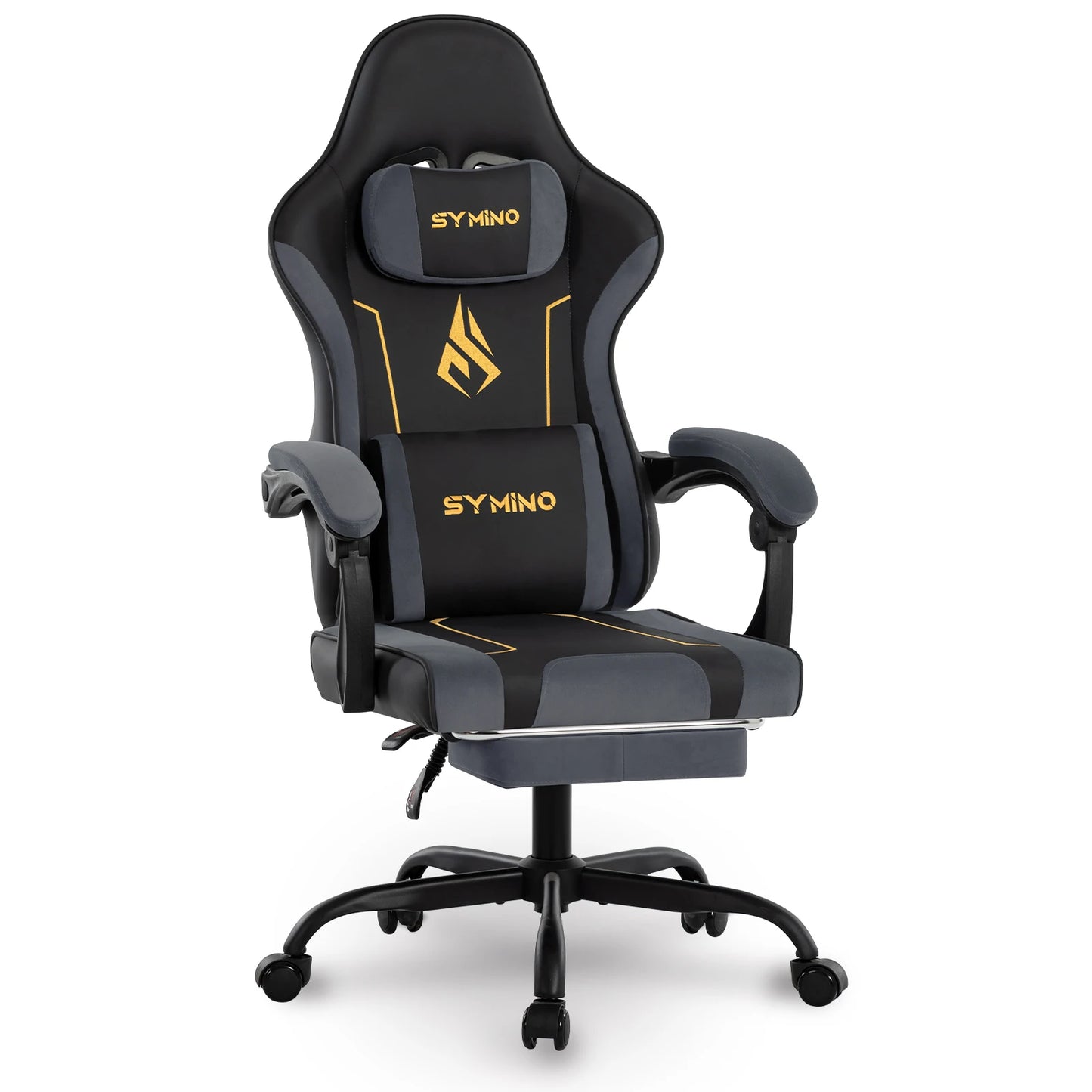 Chaise Gaming Ergonomique SYMINO – Coussin Latex, Repose-Pieds, Style Racing, 130kg, Gris & Noir