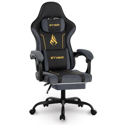 Chaise Gaming Ergonomique SYMINO – Coussin Latex, Repose-Pieds, Style Racing, 130kg, Gris & Noir