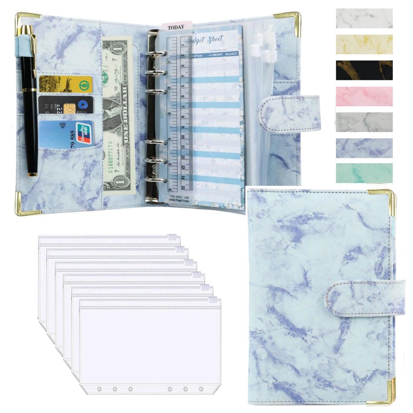 Organiseur Budget A6 en Cuir PU – Design Marbre, Pochettes & Porte-Cartes – Gestion Finances