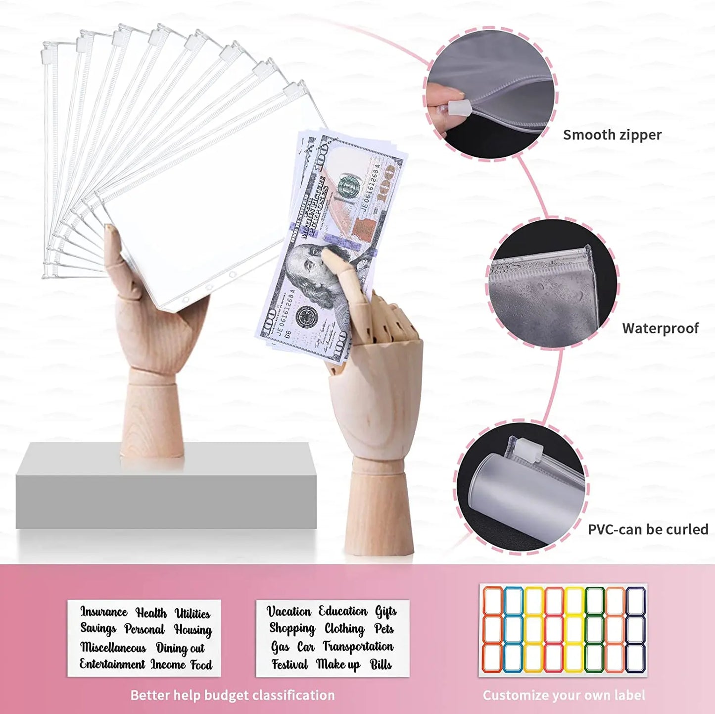 Organiseur Budget A6 en Cuir PU – Design Marbre, Pochettes & Porte-Cartes – Gestion Finances