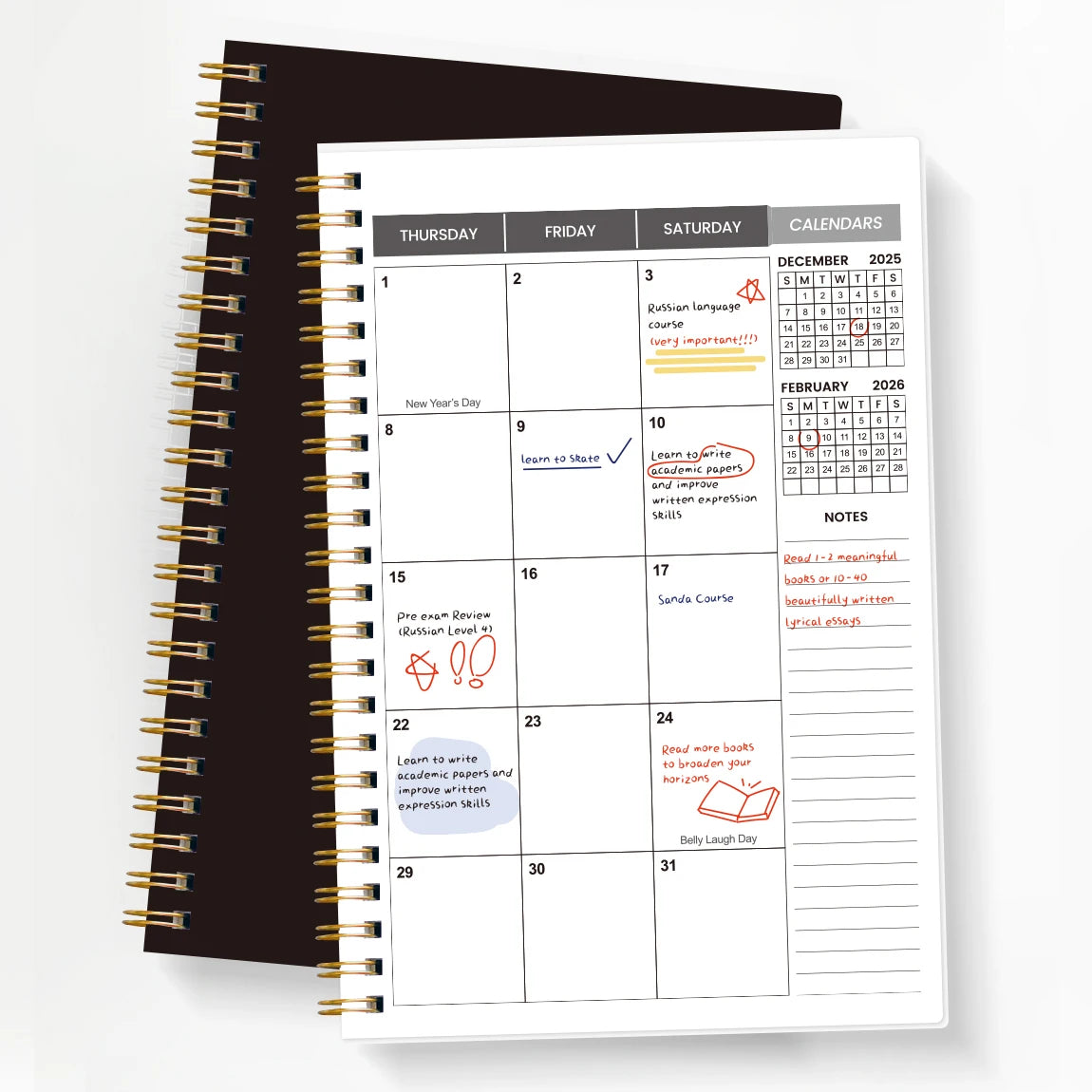 Agenda Mensuel A5 Spiralé 2026-2027 – 24 Mois, Vue Mensuelle & Notes – 2 Coloris