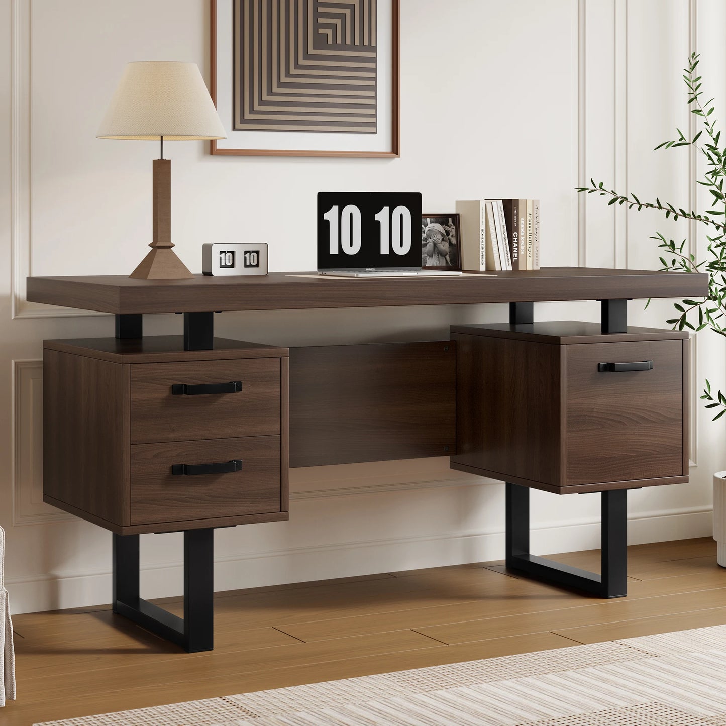 Bureau Jugacool 135x54 cm – 2 Tiroirs Silencieux, Rangement Dossiers, Style Moderne Marron