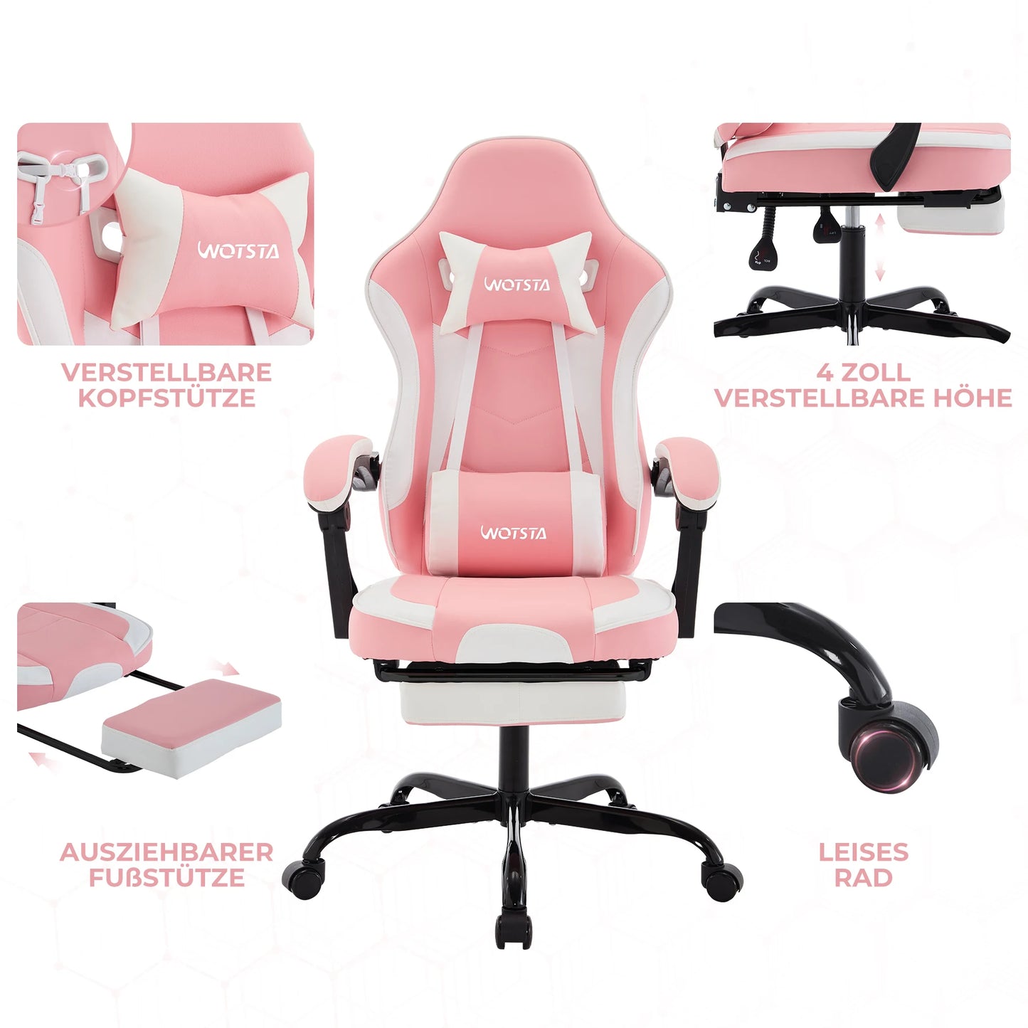 Chaise Gaming Ergonomique WOTSTA – Massage Lombaire, Inclinable, E-Sport, 3 Coloris
