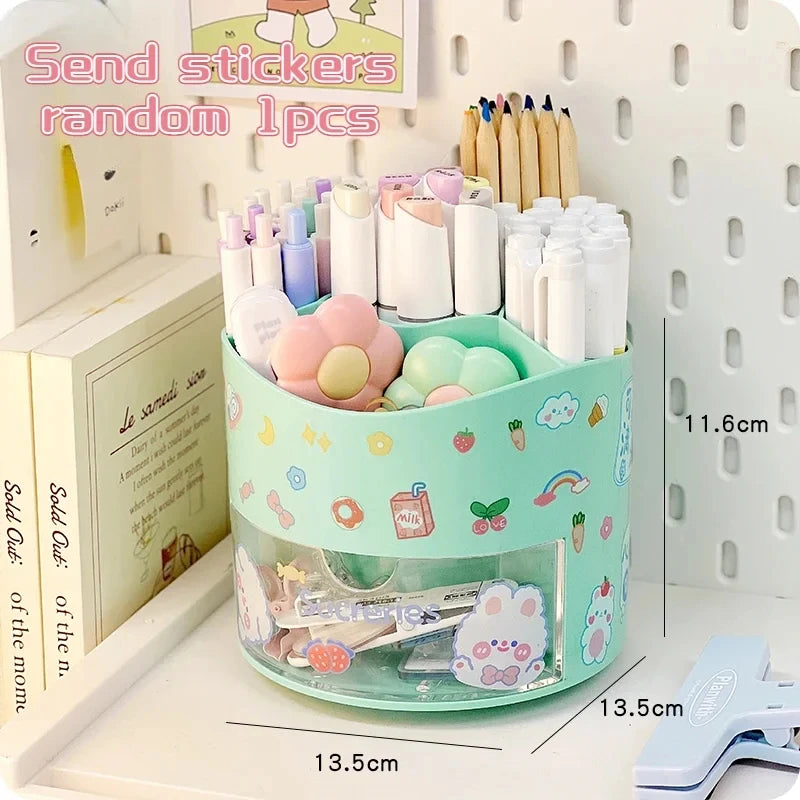 Porte-Stylos Rotatif avec Tiroir – Style Kawaii – Organiseur Bureau – 10 Coloris Pastel