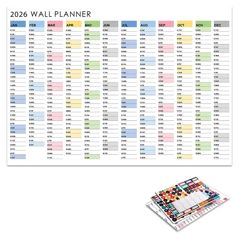 Calendrier Mural 2026 – Planificateur Annuel 365 Jours – Format Affiche – 8 Coloris