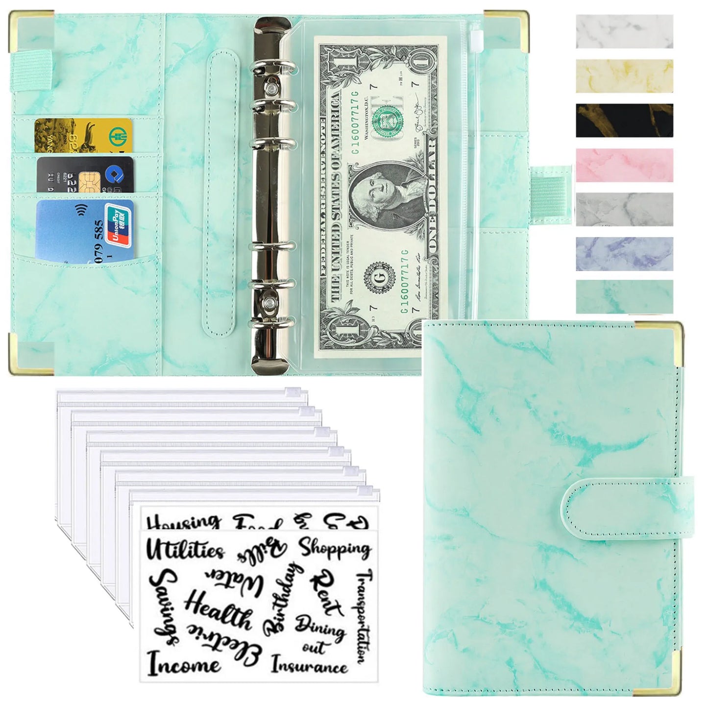 Organiseur Budget A6 en Cuir PU – Design Marbre, Pochettes & Porte-Cartes – Gestion Finances