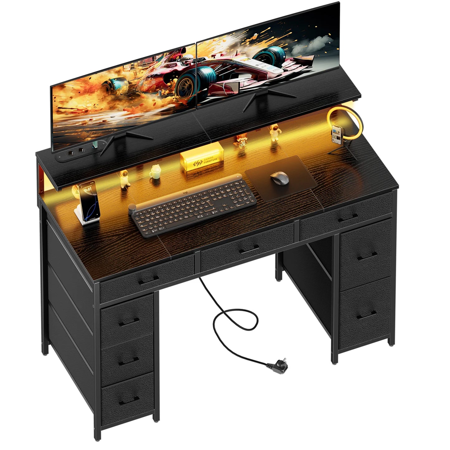 Bureau d'Ordinateur FRODROVIA 120 cm – 8 Tiroirs, LED RGB, Support Écran Réglable, 2 Prises + 2 USB