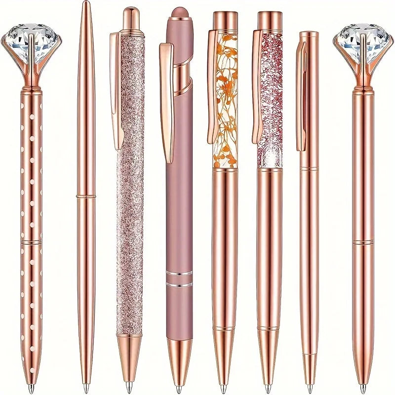 Set de 8 Stylos Bille Rose Doré & Cristal – Métal Élégant, Étudiant, Bureau & Mariage