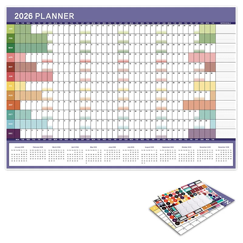 Calendrier Mural 2026 – Planificateur Annuel 365 Jours – Format Affiche – 8 Coloris