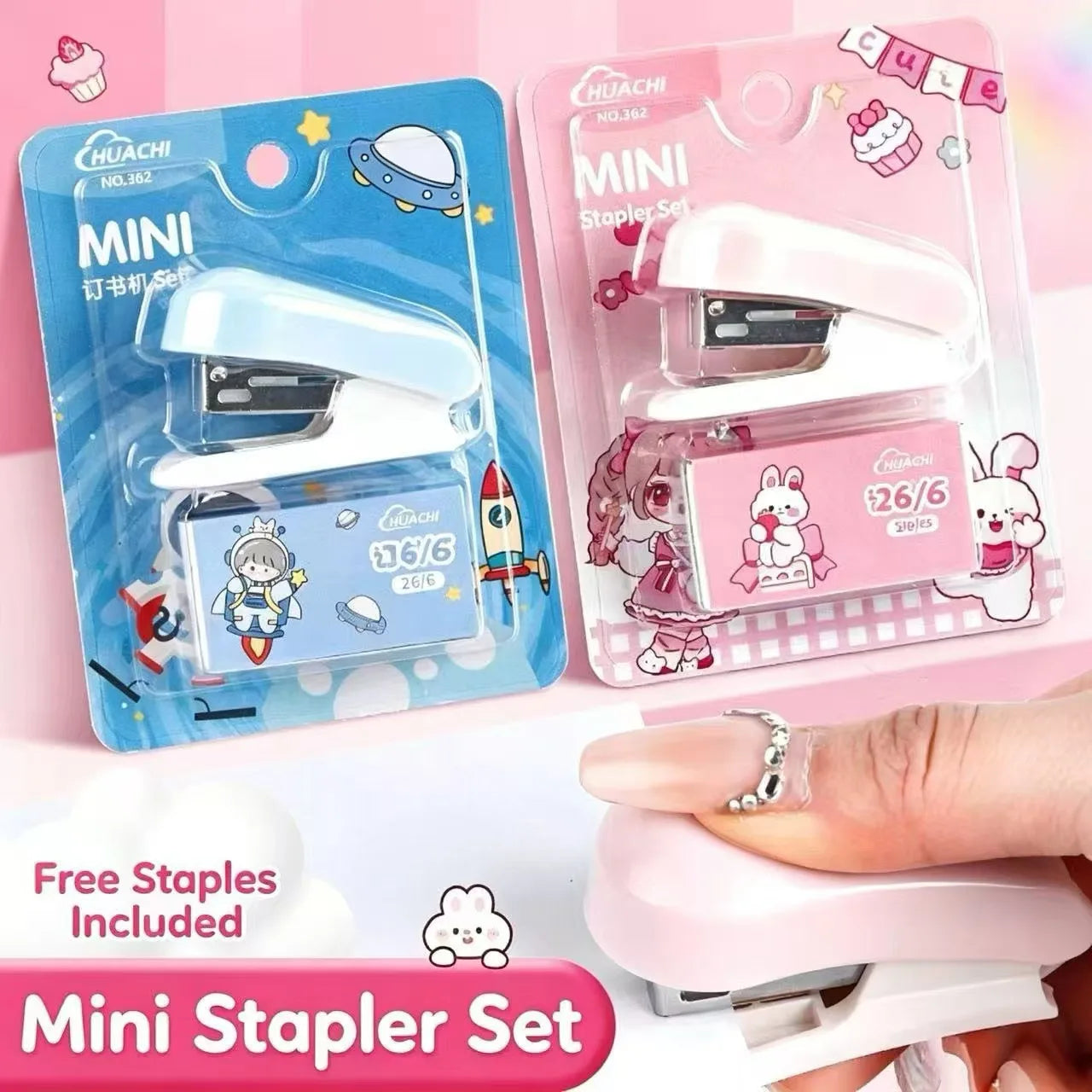 Mini Agrafeuse Kawaii Métal – 12 Feuilles, Agrafes 26/6 Incluses, Bureau & École, Bleu ou Rose