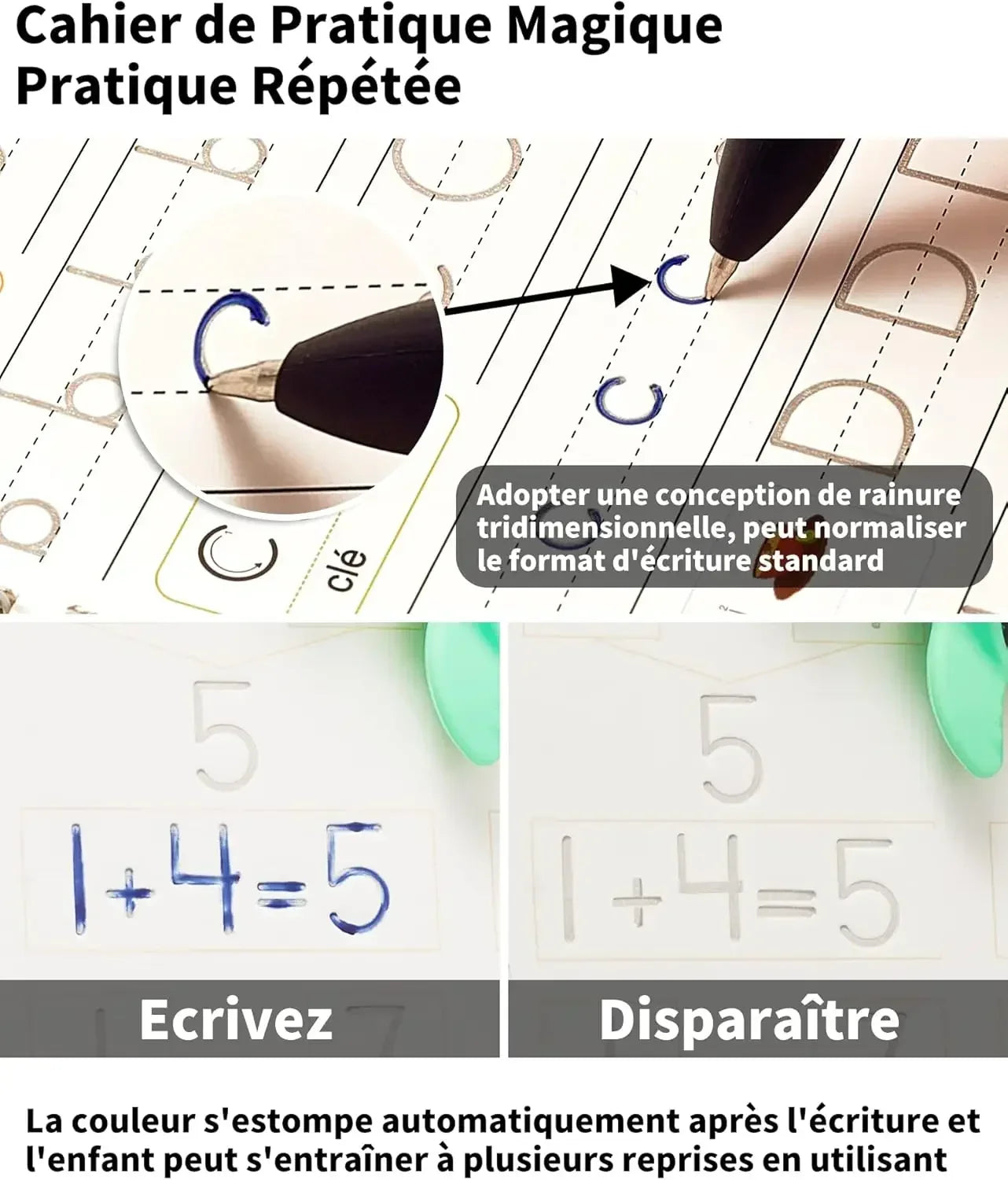Cahier Magique Réutilisable – Alphabet, Chiffres, Maths & Dessin – Enfants – 4 Thèmes