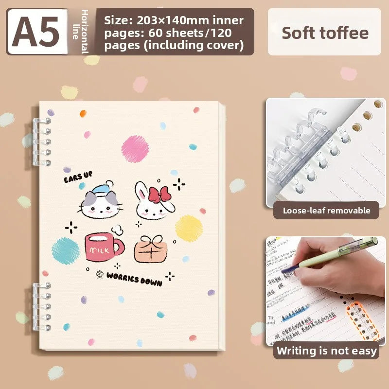 Cahier à Feuilles Mobiles Cartoon – Super Épais, Couverture Imperméable, Style INS, Format A5