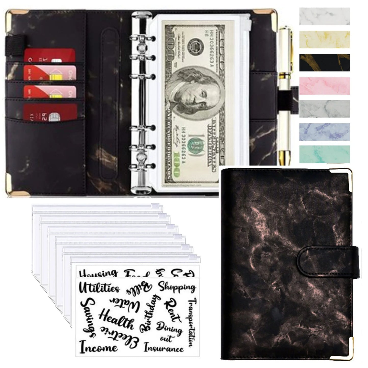 Organiseur Budget A6 en Cuir PU – Design Marbre, Pochettes & Porte-Cartes – Gestion Finances
