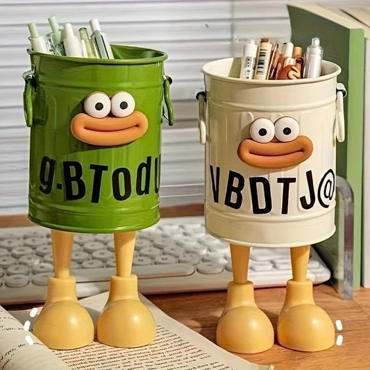 Porte-Stylos Seau Cartoon – Yeux & Pieds en Bois – DIY Stickers Inclus – 4 Coloris