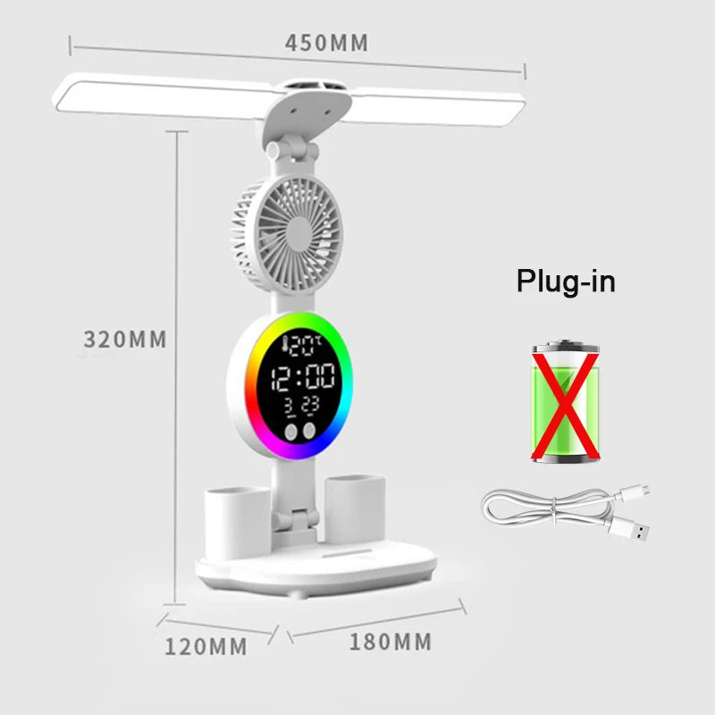 Lampe de Bureau LED avec Horloge & Ventilateur – Interrupteur Tactile, Filaire ou Rechargeable, 3 Modèles