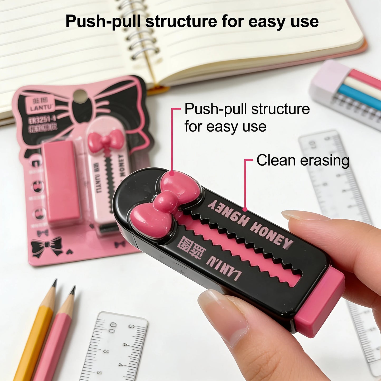 Gomme Kawaii Nœud – Design Push-Pull, Papeterie Scolaire (Rose / Noir)