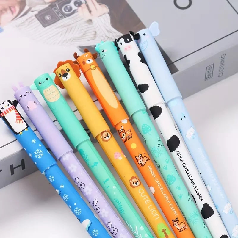 Set de 8 Stylos Gel Effaçables Animaux – Pointe Fine 0,5 mm, Kawaii, Prise de Notes & Écriture
