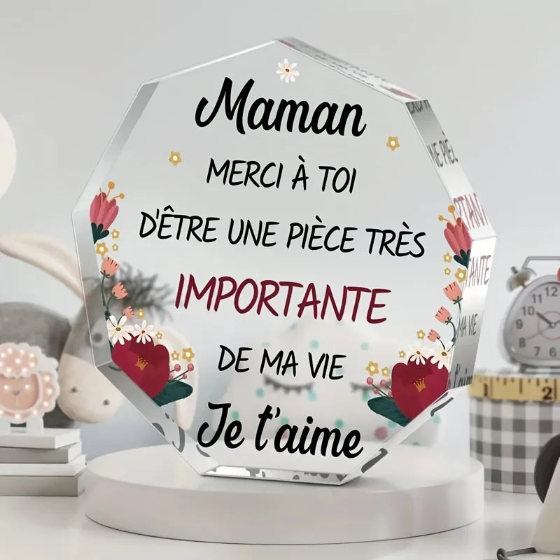 Plaque Acrylique Maman – Cadeau Fête des Mères, Message Gravé du Cœur
