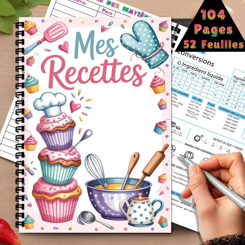 Cahier de Recettes A5 à Spirale – 100 Recettes, Thème Pâtisserie