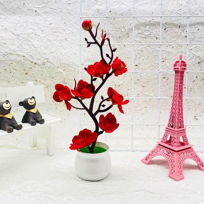 Bonsaï Artificiel Fleurs de Prunier – Plante Décorative en Pot 21x11 cm