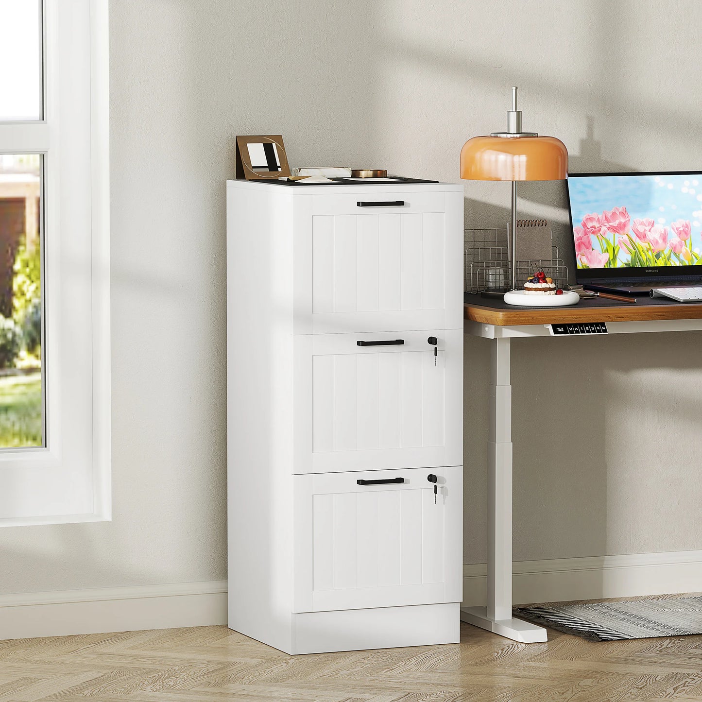 Caisson de Bureau HOMCOM 3 Tiroirs avec Serrures – Classeur A4, Support Imprimante, 40x40x101 cm Blanc