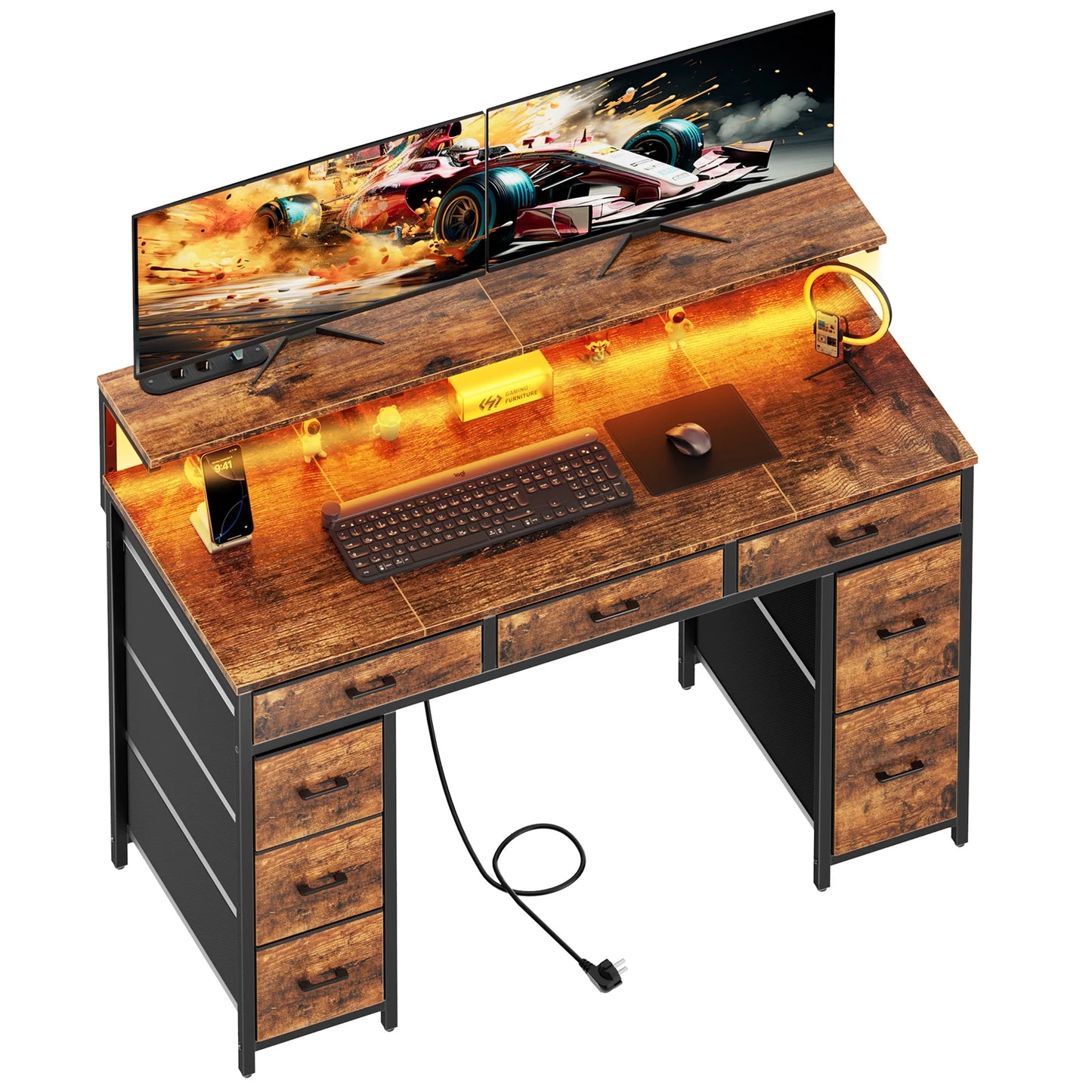 Bureau d'Ordinateur FRODROVIA 120 cm – 8 Tiroirs, LED RGB, Support Écran Réglable, 2 Prises + 2 USB