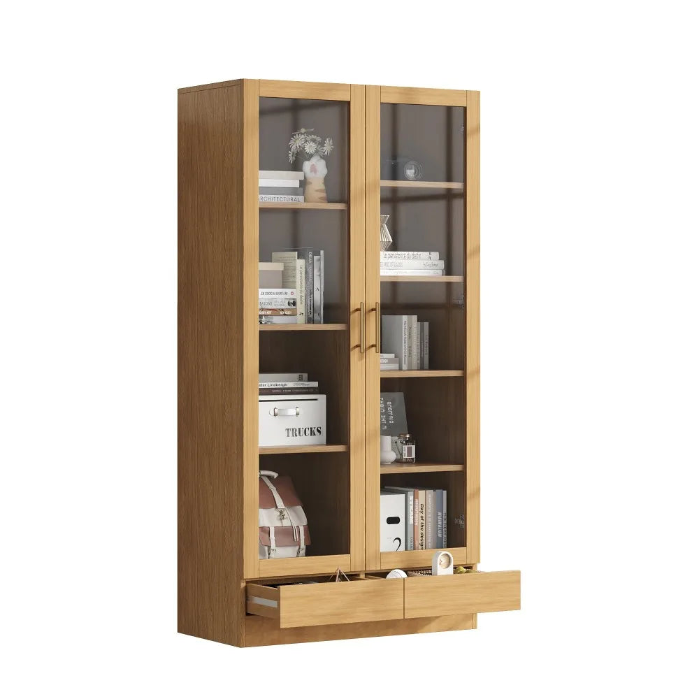 Bibliothèque Vitrine Multifonction 80x40x160 cm – Étagères Fixes, Tiroirs Push-to-Open, Couleur Bois