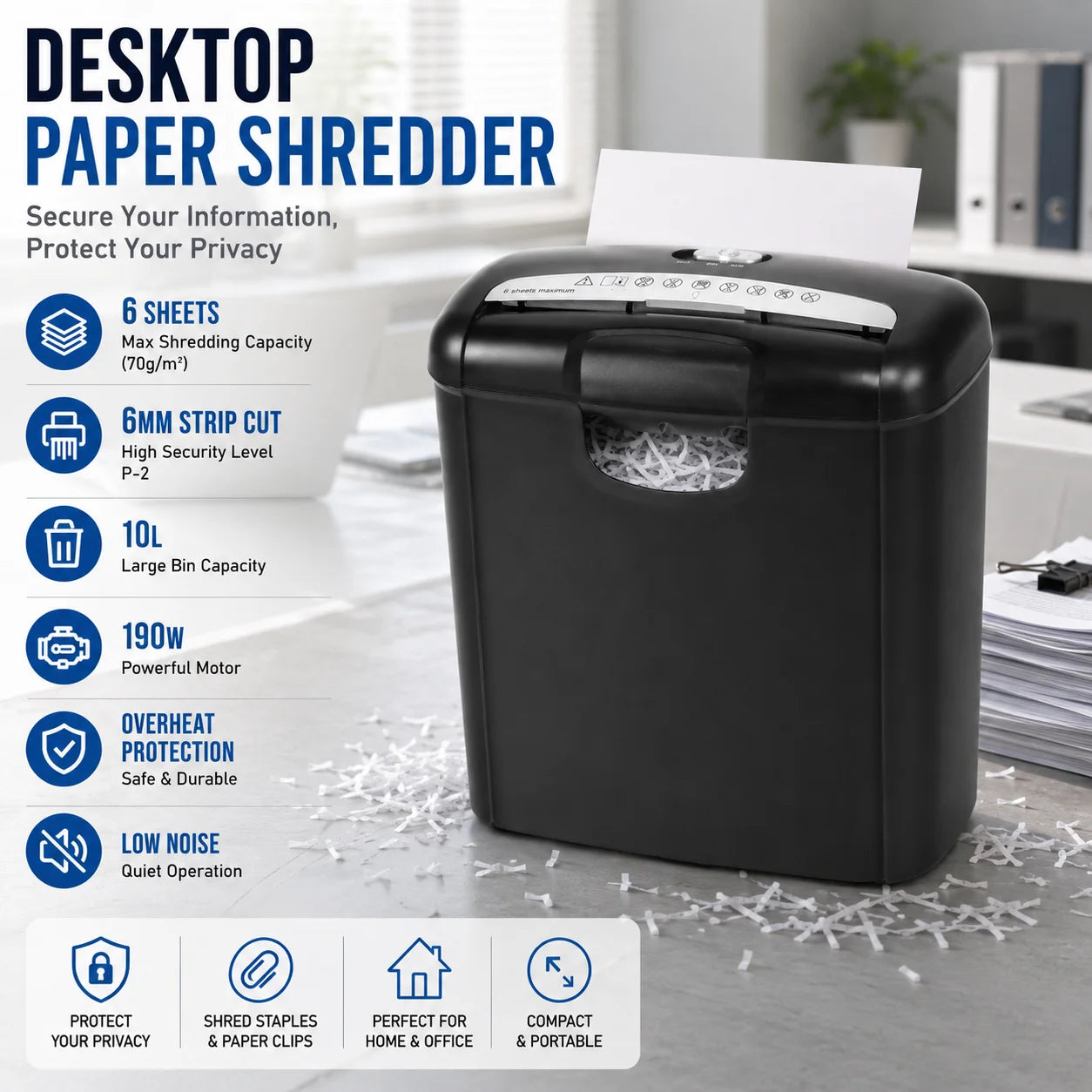 Destructeur de Documents Électrique Mini 190W – 6 Feuilles, Coupe en Bandelettes, Bac 10L, Bureau & Maison