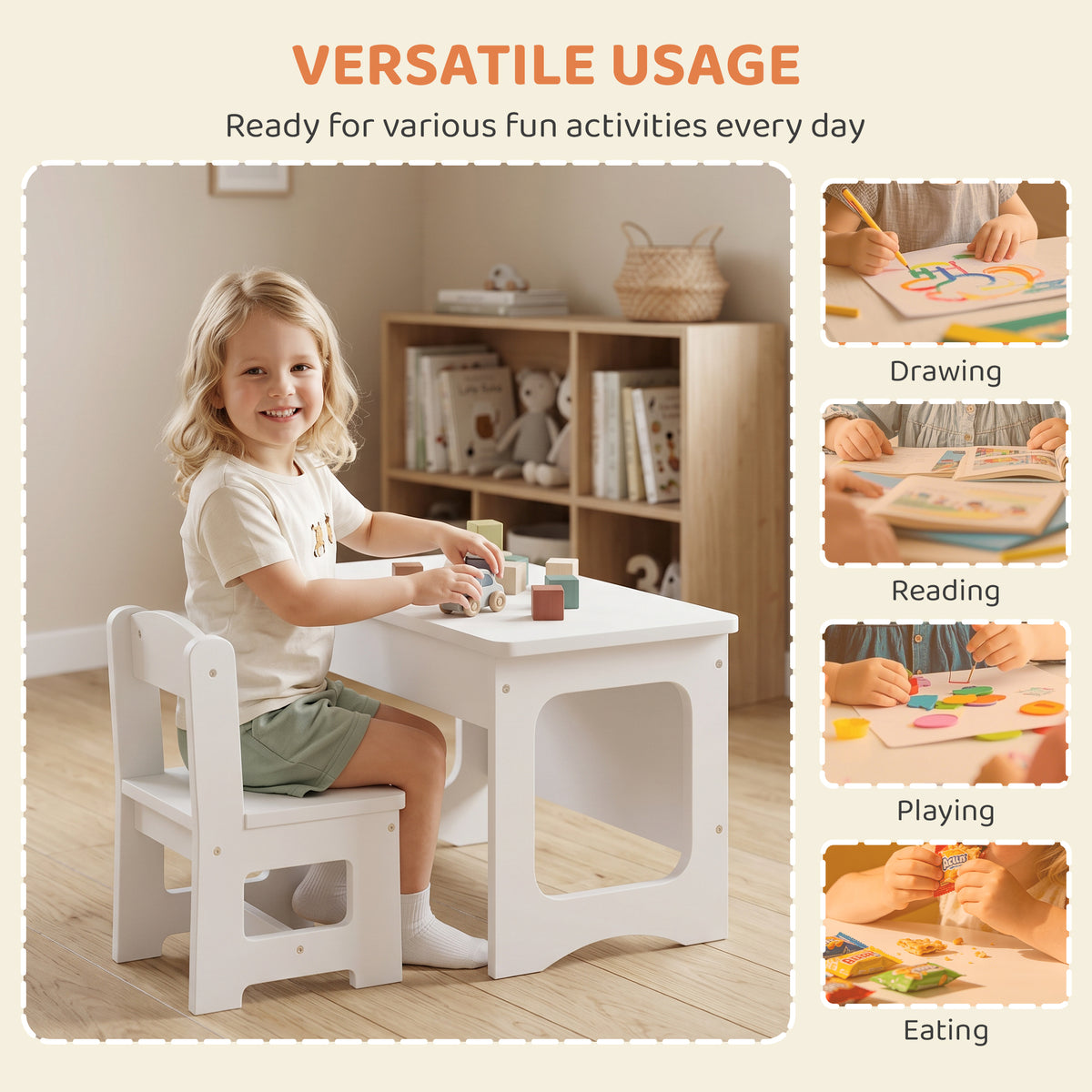 Ensemble Bureau & Chaise Enfant – Plateau Réversible Tableau Noir 2-en-1, MDF E1, Bords Arrondis, Blanc, 3-6 Ans
