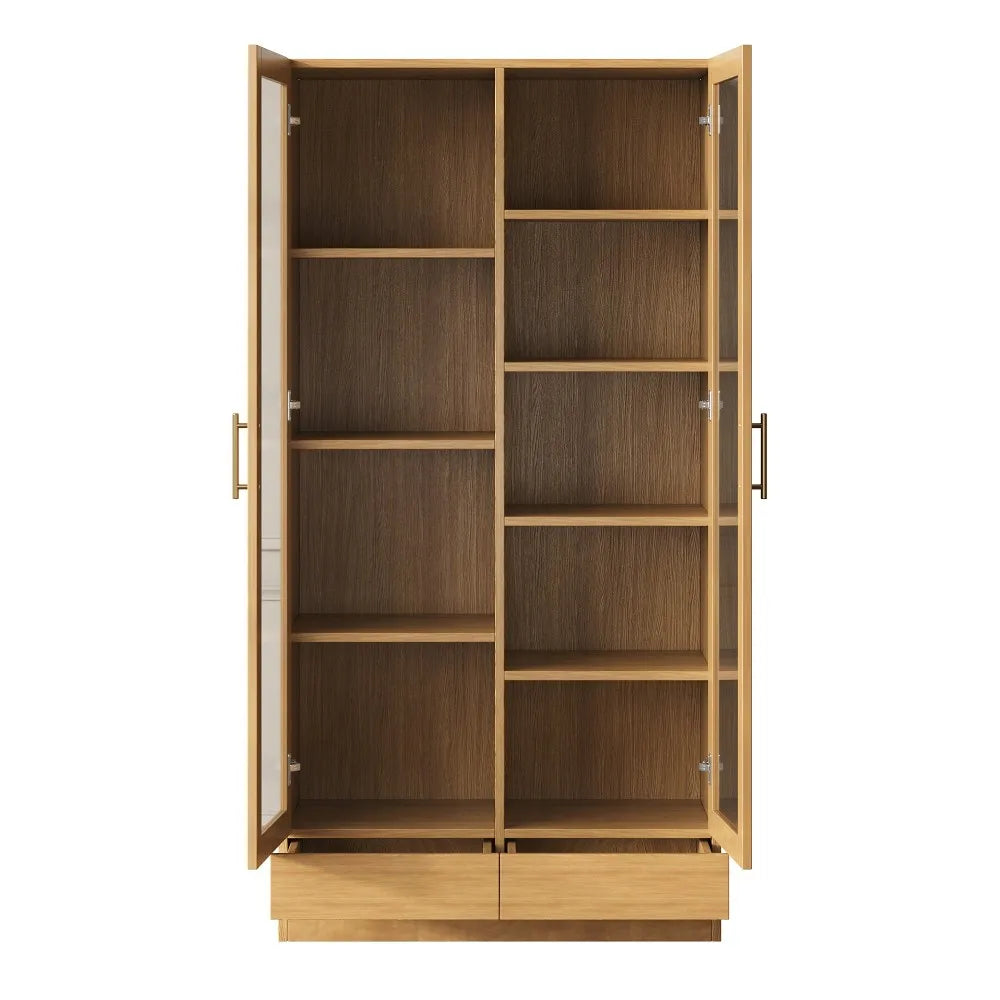 Bibliothèque Vitrine Multifonction 80x40x160 cm – Étagères Fixes, Tiroirs Push-to-Open, Couleur Bois