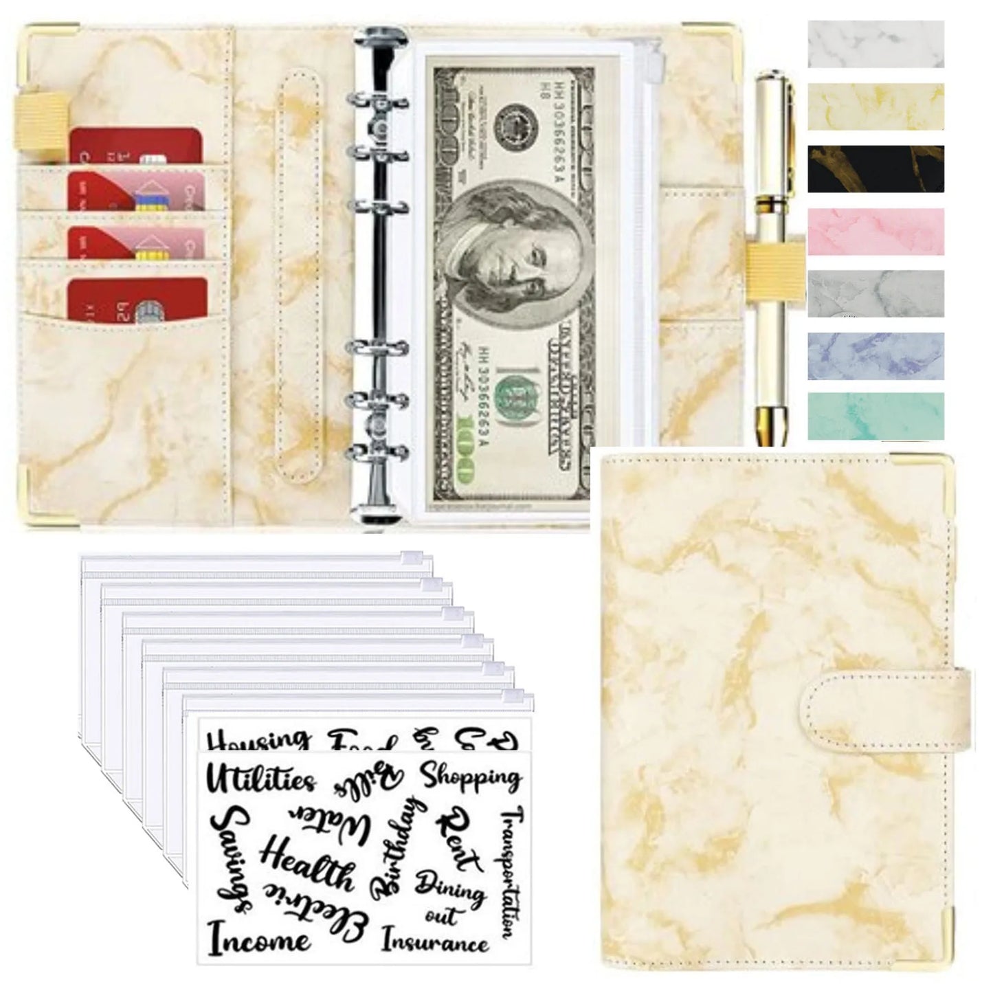 Organiseur Budget A6 en Cuir PU – Design Marbre, Pochettes & Porte-Cartes – Gestion Finances