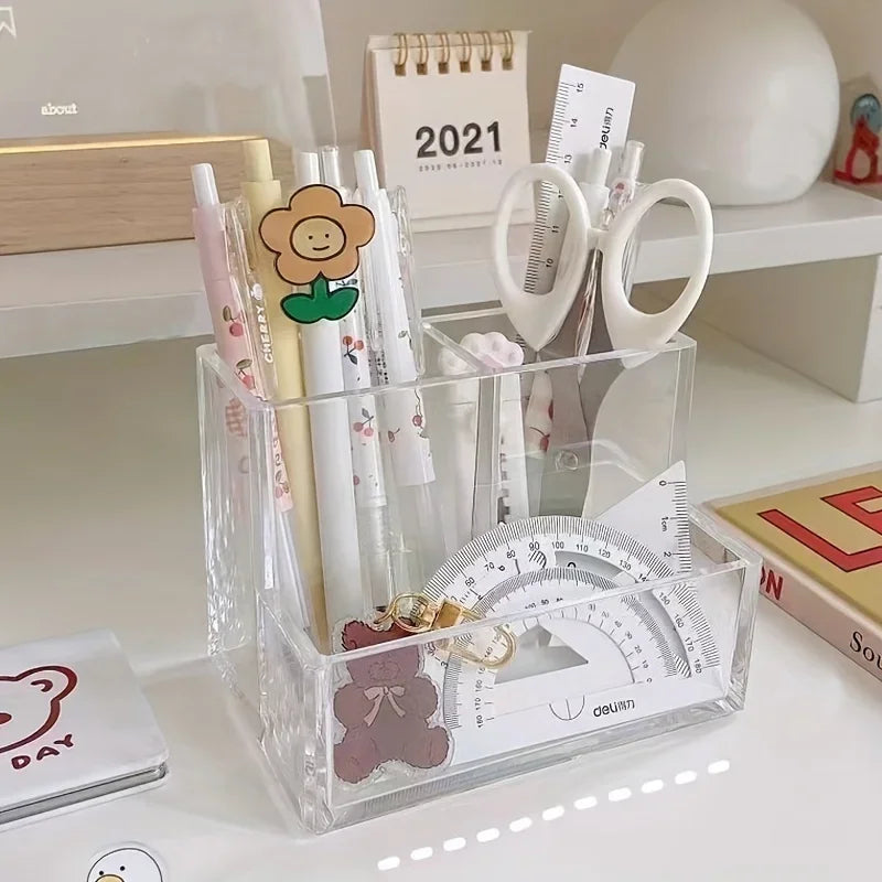 Porte-Stylo Acrylique Transparent 3 Compartiments – Organiseur Bureau Style Coréen