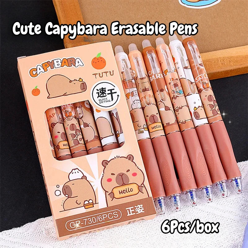Lot de 6 Stylos Gel Effaçables Capybara – 0,5 mm, Encre Bleue & Noire, École & Bureau