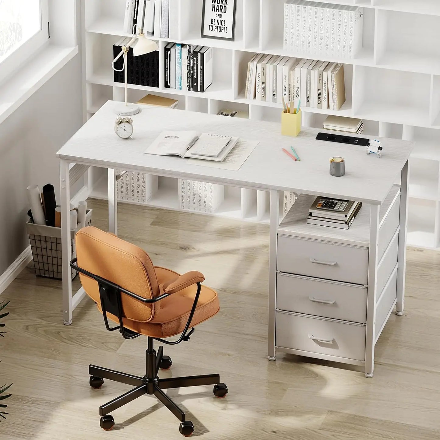 Bureau d'écriture Coleshome avec 3 tiroirs en tissu – Prises USB intégrées, 120x48x75,5 cm