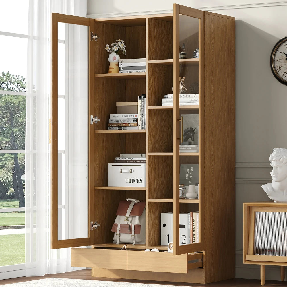 Bibliothèque Vitrine Multifonction 80x40x160 cm – Étagères Fixes, Tiroirs Push-to-Open, Couleur Bois