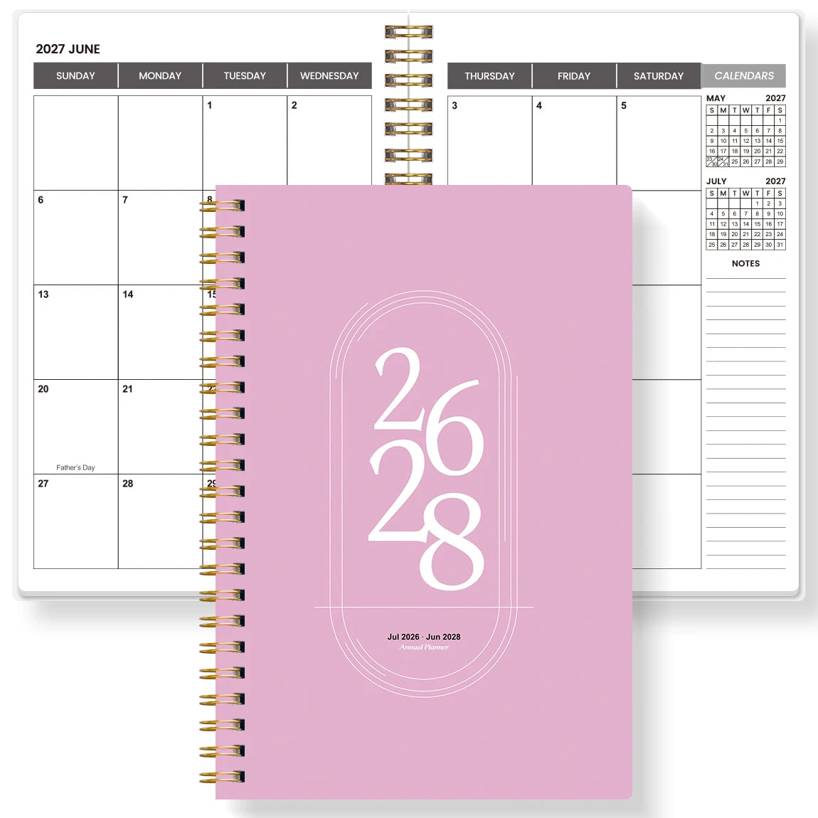 Agenda Planner A5 2026-2027 – Hebdomadaire & Mensuel, Spirale Dorée, 9 Coloris
