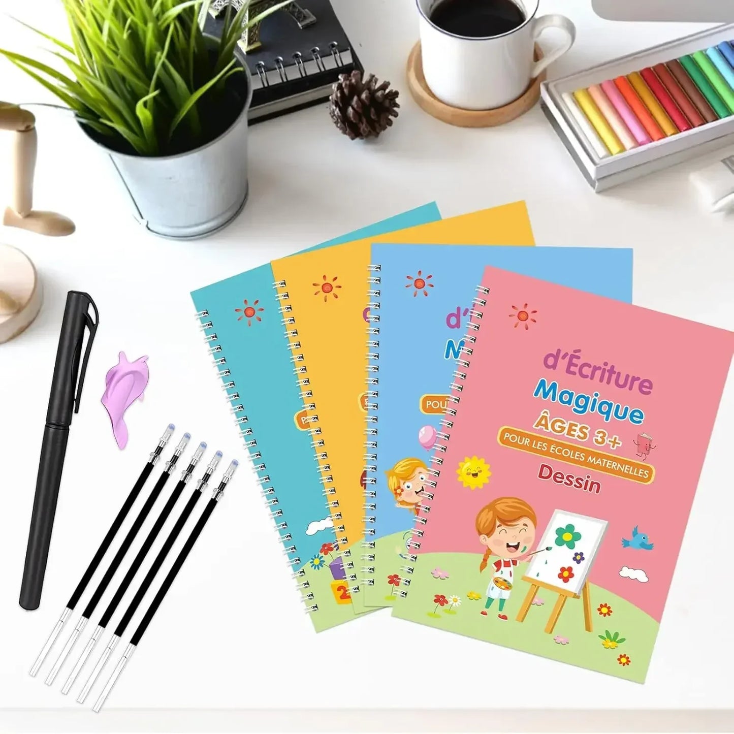 Cahier Magique Réutilisable – Alphabet, Chiffres, Maths & Dessin – Enfants – 4 Thèmes