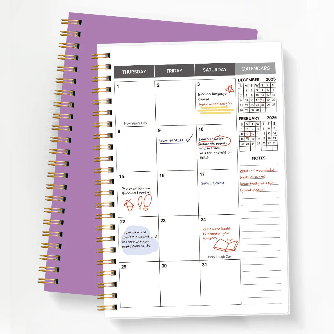 Agenda Planner A5 2026-2027 – Hebdomadaire & Mensuel, Spirale Dorée, 9 Coloris