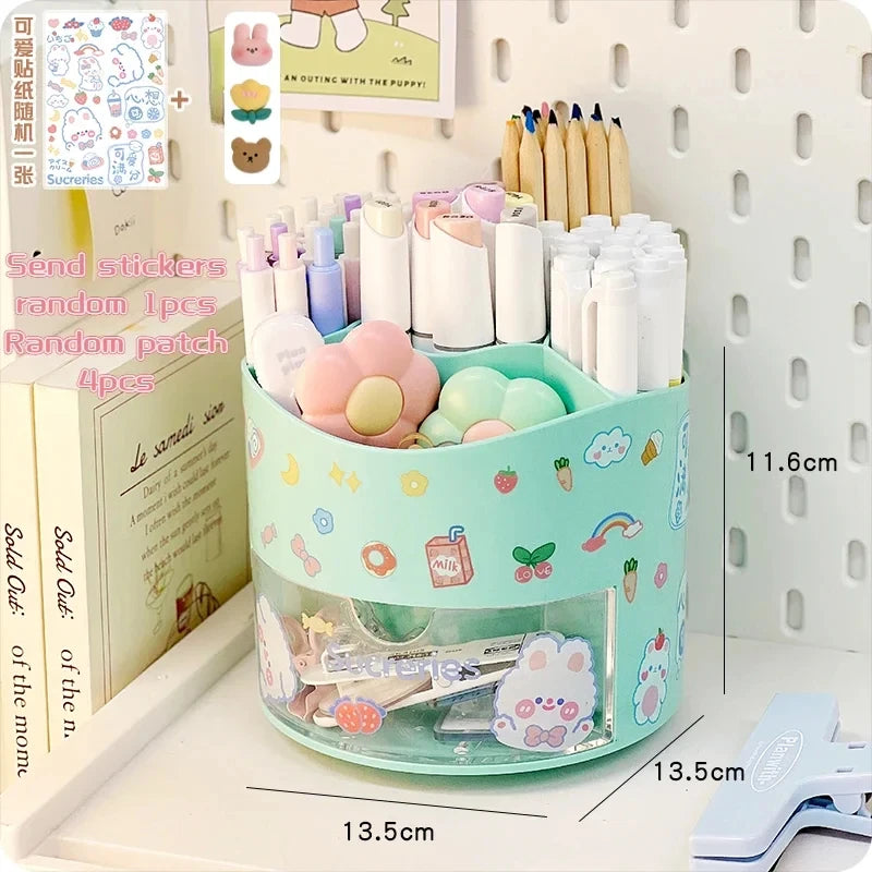 Porte-Stylos Rotatif avec Tiroir – Style Kawaii – Organiseur Bureau – 10 Coloris Pastel