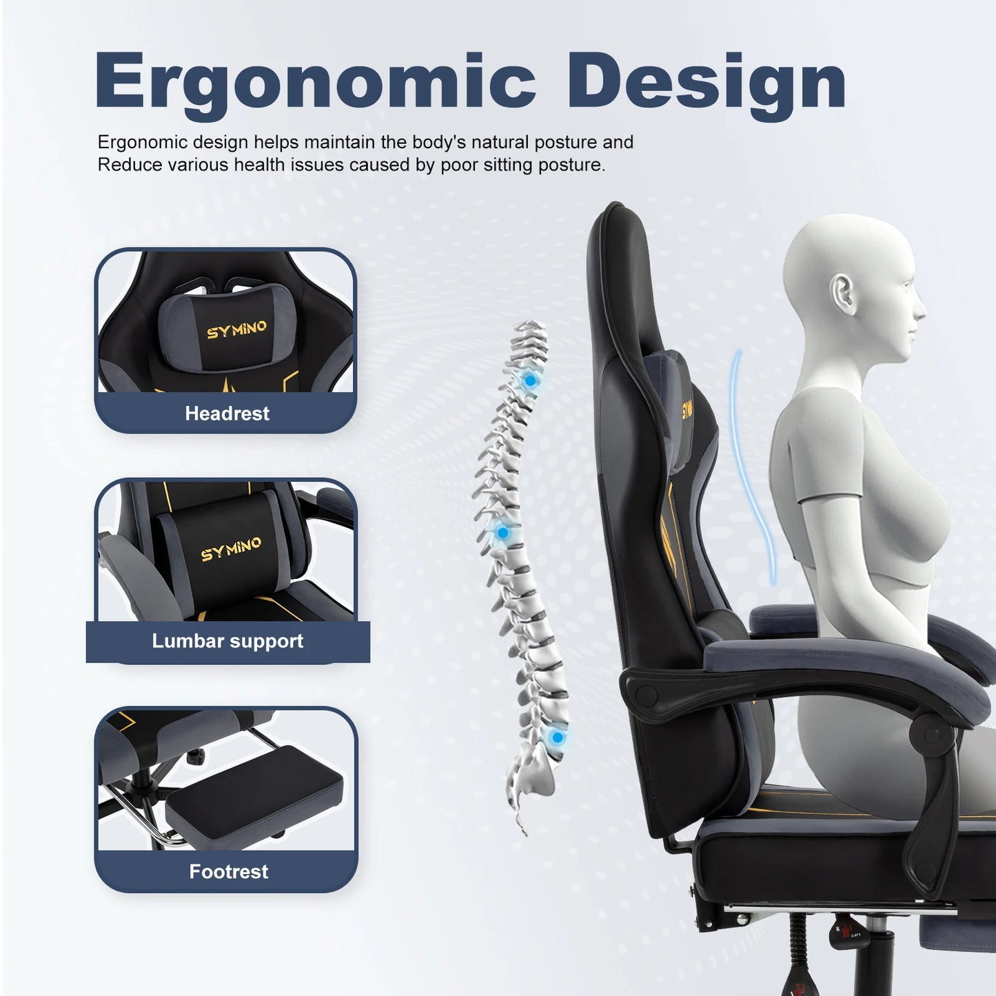 Chaise Gaming Ergonomique SYMINO – Coussin Latex, Repose-Pieds, Style Racing, 130kg, Gris & Noir