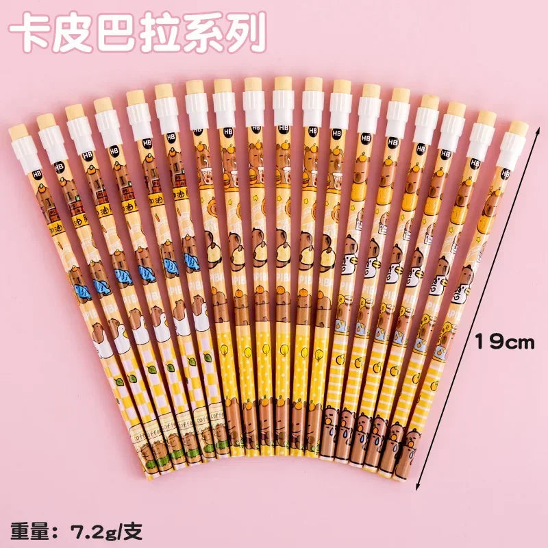 Lot de 10 Crayons HB Kawaii – Capybara, Pony & Labubu, Grande Gomme, Cadeau École & Papeterie